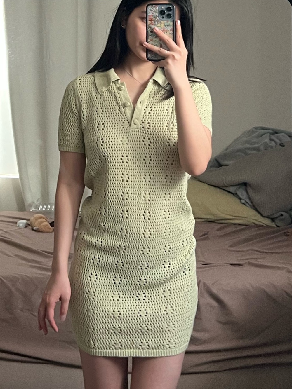 Mango Knit Polo Mini Dress in Light Green